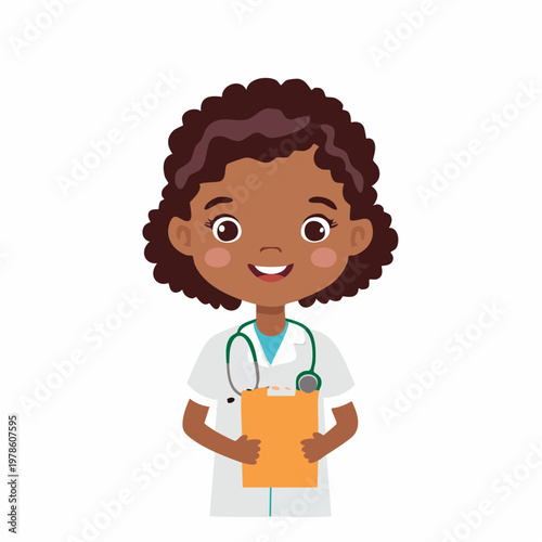 Smiling child doctor with stethoscope holding clipboard and looking at the viewer