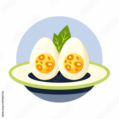 Cooked eggs halves with leaves on a plate, food illustration.