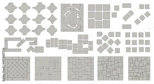 Concrete paving stones collection in EPS format, gray stone pavement patterns for landscaping, architectural floor tile layouts and masonry blocks