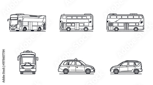 City Bus, Double Decker, Tram, Taxi, and Minivan in Monochrome Design