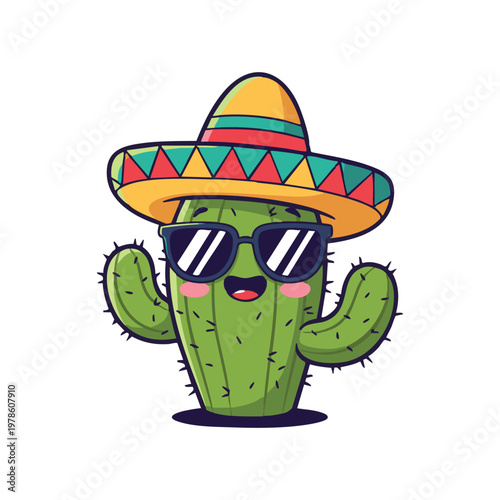 Funny Cactus with Sombrero Cartoon Character Illustration