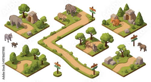 Isometric zoo map elements, 3D vector animal park construction set with paths and enclosures, wild safari park landscape tiles for game design
