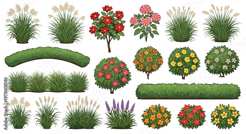 Garden plants and flowering shrubs collection, 18 vector landscape elements, green bushes and pampas grass for backyard design, botanical eps set