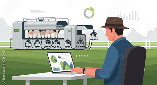 Modern dairy farm manager using technology for monitoring production and efficiency