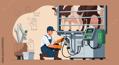 Modern dairy farming operation with automated milking system and a dedicated worker at work
