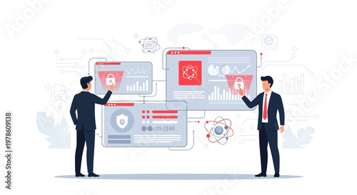 Modern data security concept illustration showcasing business people analyzing data interfaces