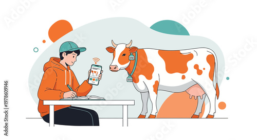 Modern dairy management: A farmer utilizing technology for cow monitoring and data analysis