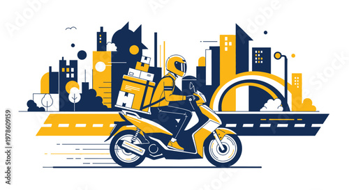 Modern delivery service illustration with cityscape and streamlined motorcycle courier