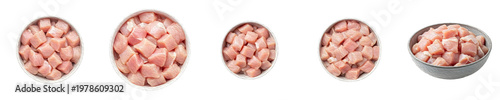 Obraz na płótnie Fresh Raw Diced Chicken Breast Meat in Grey Bowls Isolated on White Background