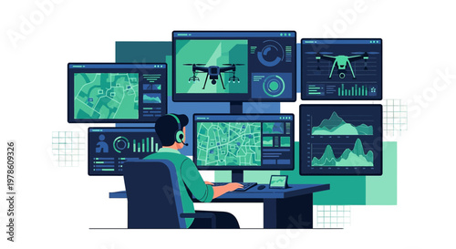 Modern drone operation center illustration with operator monitoring data and information using