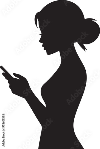 Silhouette of a woman using a smartphone with hair tied up in a bun Vector

