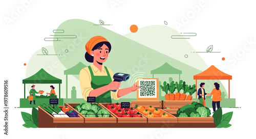 Modern farmer facilitating contactless mobile payments through qr codes at local market stall