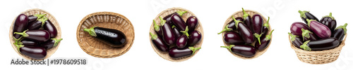 Photos Fresh Purple Eggplants in Wicker Baskets Isolated on White Background, Set of Fi