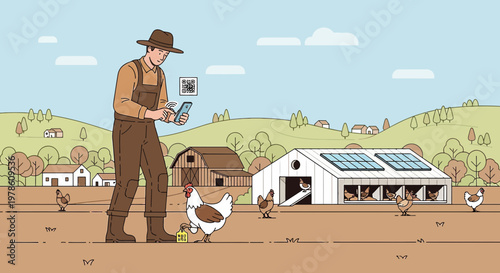 Modern farmer using technology to manage a sustainable chicken farm powered by solar panels