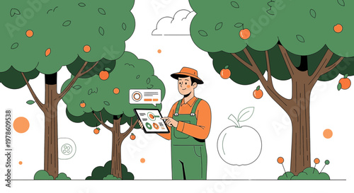 Modern Farmer Using Technology to Monitor Orchard Health and Optimize Harvests