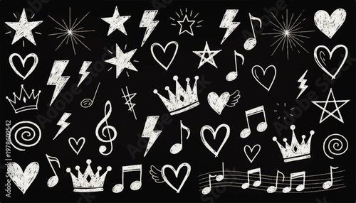 Hand-drawn chalk-style doodles of hearts, stars, lightning bolts, crowns, and musical notes on a black background