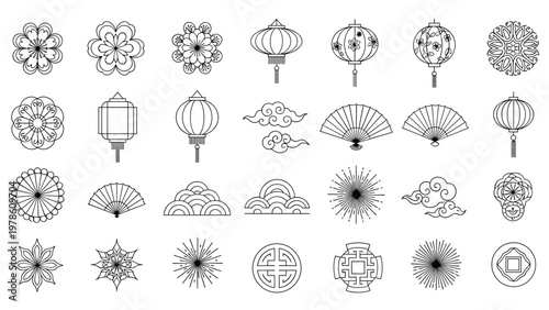 Large collection of traditional Chinese and Japanese design elements including lanterns, fans, clouds, and various floral patterns.
