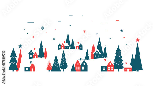 Minimalist winter village scene with simple red and blue houses, evergreen trees, and falling snowflakes on white background.