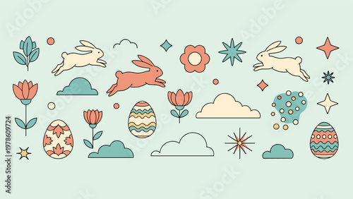 Easter themed vector collection with jumping bunnies, decorated eggs, spring flowers, and clouds in a soft pastel color palette.