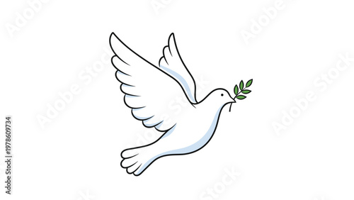 White dove of peace in flight carrying a green olive branch in its beak representing hope and harmony on a white background.