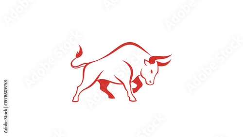 Red silhouette of a powerful bull charging forward isolated on white background for strength leadership and stock market bull run concepts.
