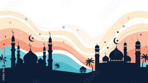 Silhouette of mosques with crescent moons and palm trees against a wavy sunset sky for ramadan kareem and eid mubarak celebration designs.