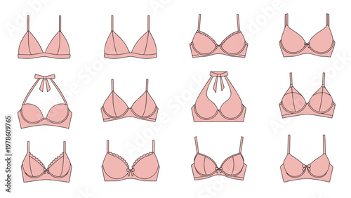 Collection of various women bra styles in pink colors as flat vector illustrations for fashion lingerie and apparel design catalogs.