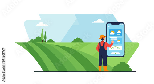Modern farming technology illustration showcasing weather forecasts on a digital application with