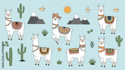 Collection of cute llamas wearing colorful blankets and tassels surrounded by cacti, mountains, and sun on a light blue background.
