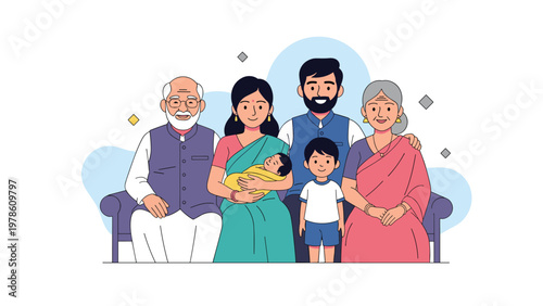 Traditional Indian multi generational family sitting together including grandparents parents a small child and a baby for unity and love themes.
