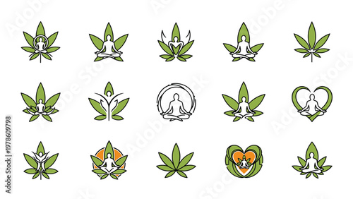 Bundle of yoga meditation logo designs with green cannabis leaves representing holistic wellness and natural medical therapy concepts.