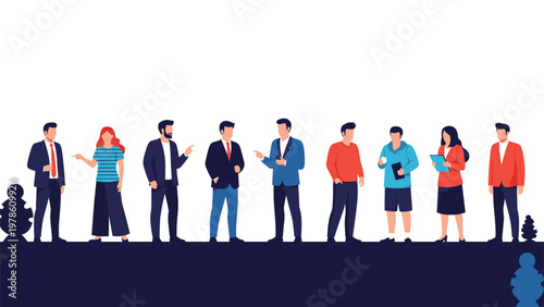 Row of diverse business men and women standing and talking together on a dark ground for professional teamwork and networking concepts.