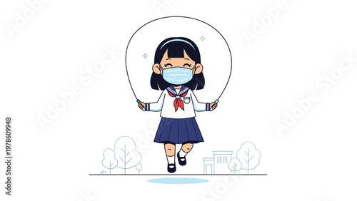 Cute japanese schoolgirl wearing a medical face mask skipping rope in a park for healthy activity and pandemic safety education.