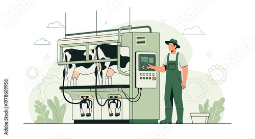 Modern farming with automated milking: A digital illustration showcasing dairy automation for