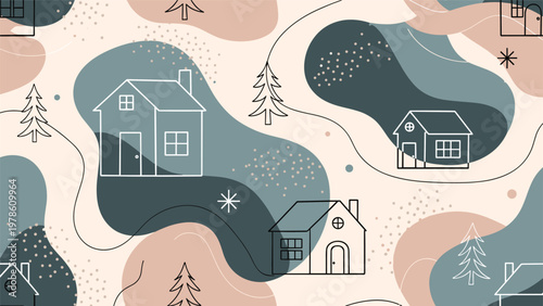 Abstract seamless pattern with stylized houses pine trees and organic shapes in earthy colors for modern textile and wallpaper designs.