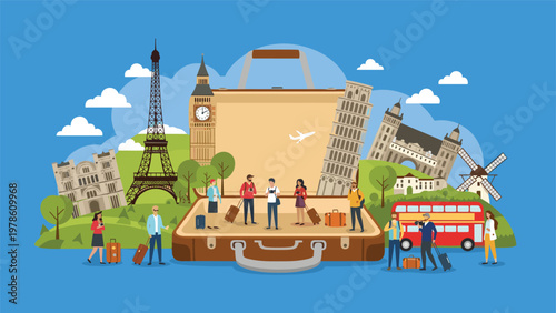 World famous landmarks like the eiffel tower and pisa tower arranged around a giant suitcase for global travel and tourism advertisement concepts.