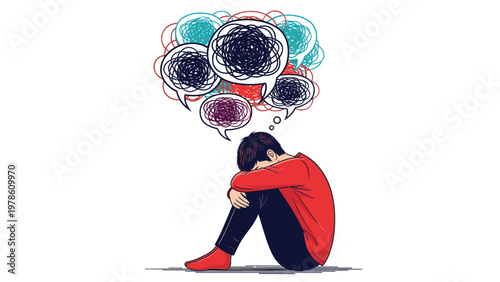 Depressed teenage boy sitting on the floor with his head down surrounded by multiple speech bubbles of messy thoughts.