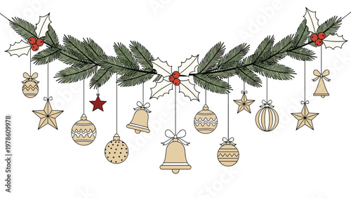 Festive christmas pine garland decorated with holly berries bells and stars isolated on a white background for holiday headers.
