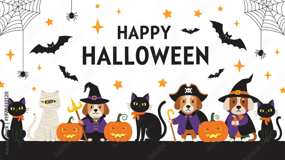 Fototapeta premium Happy Halloween greeting banner with cute pets in costumes including dogs and cats alongside bats, spiders, and pumpkins.