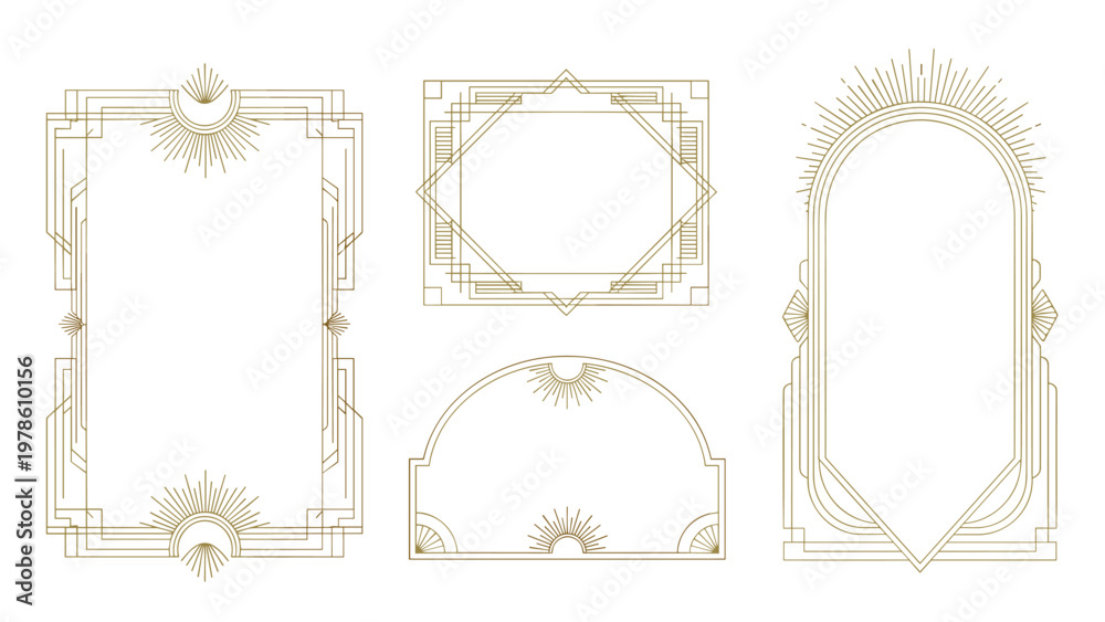 Obraz premium Collection of golden art deco frames and borders with geometric patterns and sunburst elements for elegant design projects.