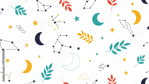 Seamless vector pattern featuring moon phases, constellations, and botanical leaves in a modern flat design on a white background.