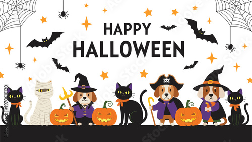 Happy Halloween greeting banner with cute pets in costumes including dogs and cats alongside bats, spiders, and pumpkins.