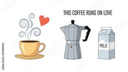 Coffee preparation concept featuring a moka pot, milk carton, and a steaming cup of coffee with a red heart icon and text.