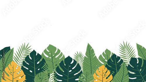 Bottom border frame composed of various vibrant green and yellow tropical leaves like palm and monstera on a white background.