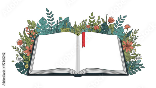 Open book surrounded by vibrant green leaves and colorful flowers representing the concept of knowledge growing like nature.