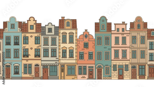 Charming row of colorful European narrow houses with classic gabled architecture on a historical street scene illustration.