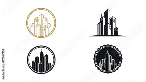 Set of modern city skyline logo designs showing skyscraper buildings in various circular and badge shaped silhouettes.