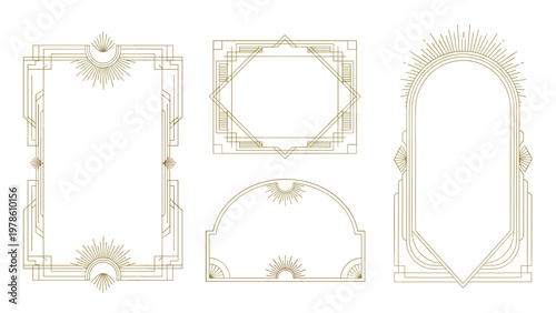 Collection of golden art deco frames and borders with geometric patterns and sunburst elements for elegant design projects.