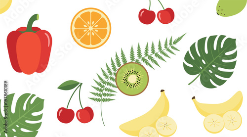 Tropical fruit and jungle leaves vector set. Flat illustrations of red pepper, banana, kiwi, cherries, orange, and monstera for summer and healthy food design.