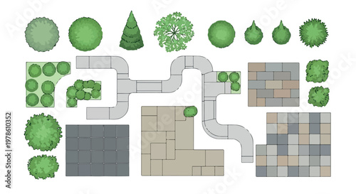 Landscape design elements in top view, garden planning symbols with green trees and stone pavers, architectural site plan vector set